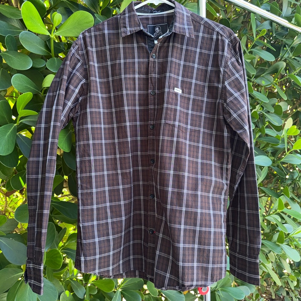 Police Denim Jeans Men's Brown Plaid Slim Fit Button-Down Shirt L